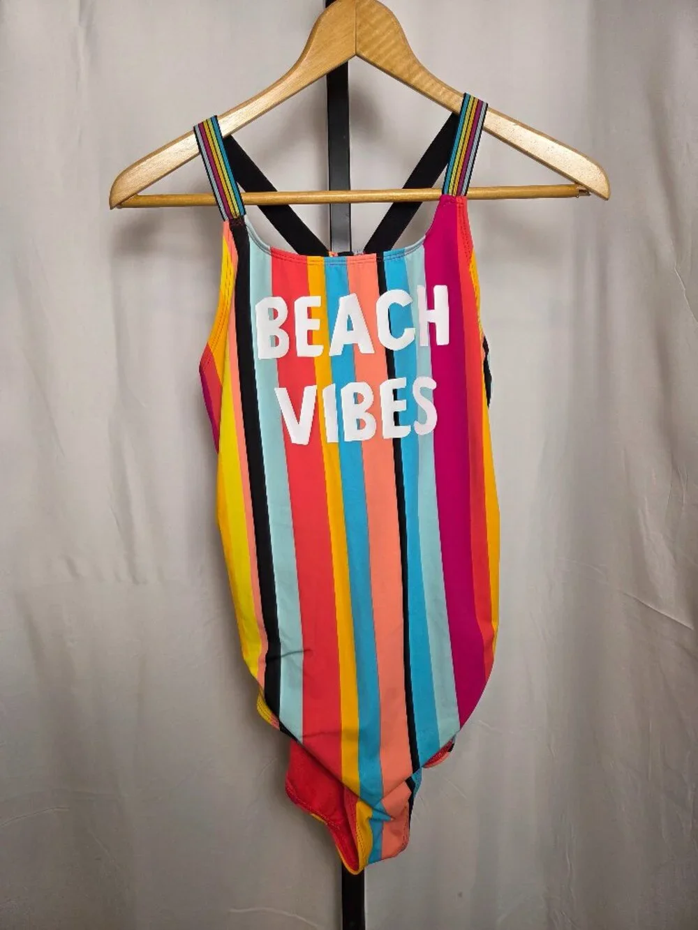 Wonder Nation Girls One Piece Swimsuit XXL 18 Rainbow Stripe Crossback  Beach